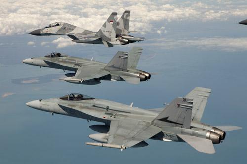 77SQN Hornets escorting 11SQN Flankers into Darwin